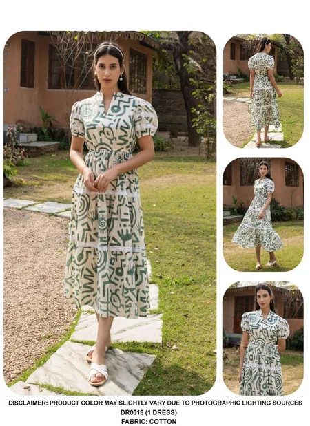 DR0018 Green Cotton Printed Ladies One Piece Western Dress Wholesale Online